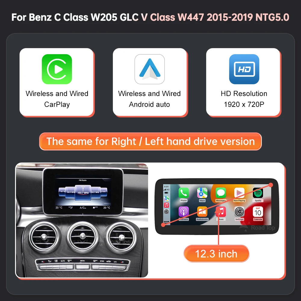 Multimedia Screen Wireless CarPlay Android Auto for Mercedes-Benz W205 W176 GLC A C V Class W447 CLA GLA 2015-2018 NTG5.0