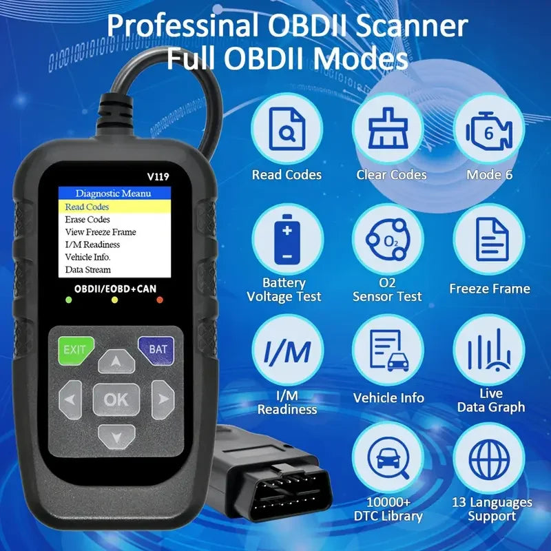 V119 OBD2 Scanner: Car Diagnostic Tool with Voltage Test & USB Power, Reads/Clears Codes for EOBD/CAN OBD2 Vehicles