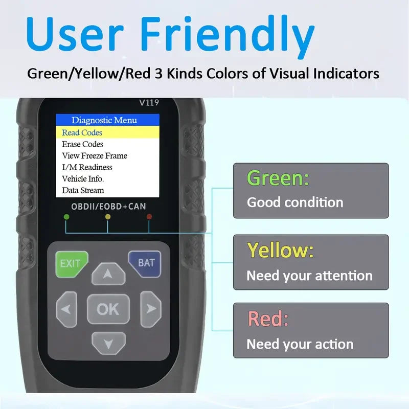 V119 OBD2 Scanner: Car Diagnostic Tool with Voltage Test & USB Power, Reads/Clears Codes for EOBD/CAN OBD2 Vehicles