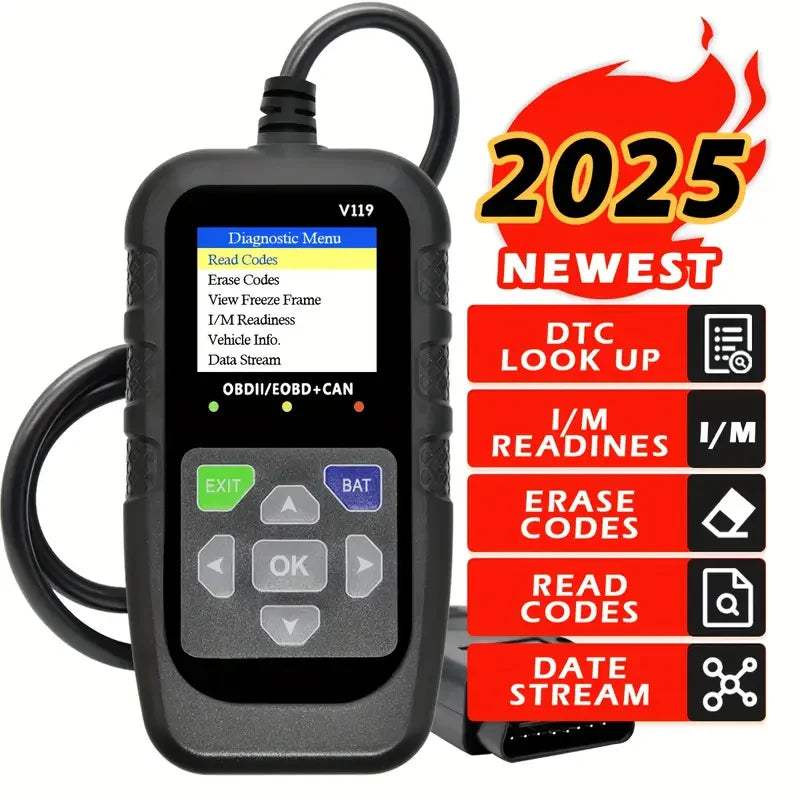 V119 OBD2 Scanner: Car Diagnostic Tool with Voltage Test & USB Power, Reads/Clears Codes for EOBD/CAN OBD2 Vehicles