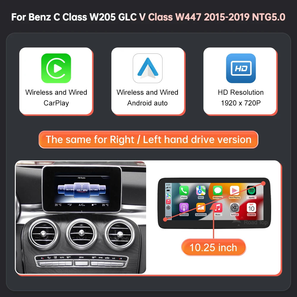 Multimedia Screen Wireless CarPlay Android Auto for Mercedes-Benz W205 W176 GLC A C V Class W447 CLA GLA 2015-2018 NTG5.0