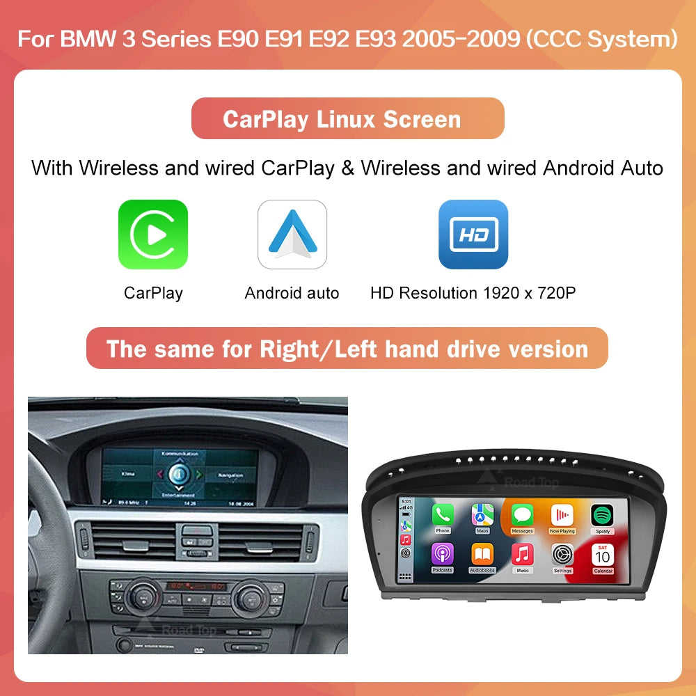 8.8"1920*720 Wireless CarPlay Android Auto Car Multimedia Display for BMW 3 Series E90 E91 E92 E93 5 Series E60 E61 Touch Screen