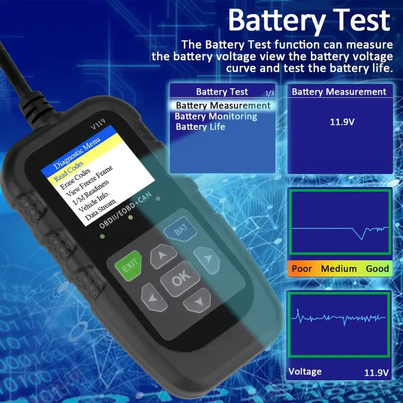 V119 OBD2 Scanner: Car Diagnostic Tool with Voltage Test & USB Power, Reads/Clears Codes for EOBD/CAN OBD2 Vehicles