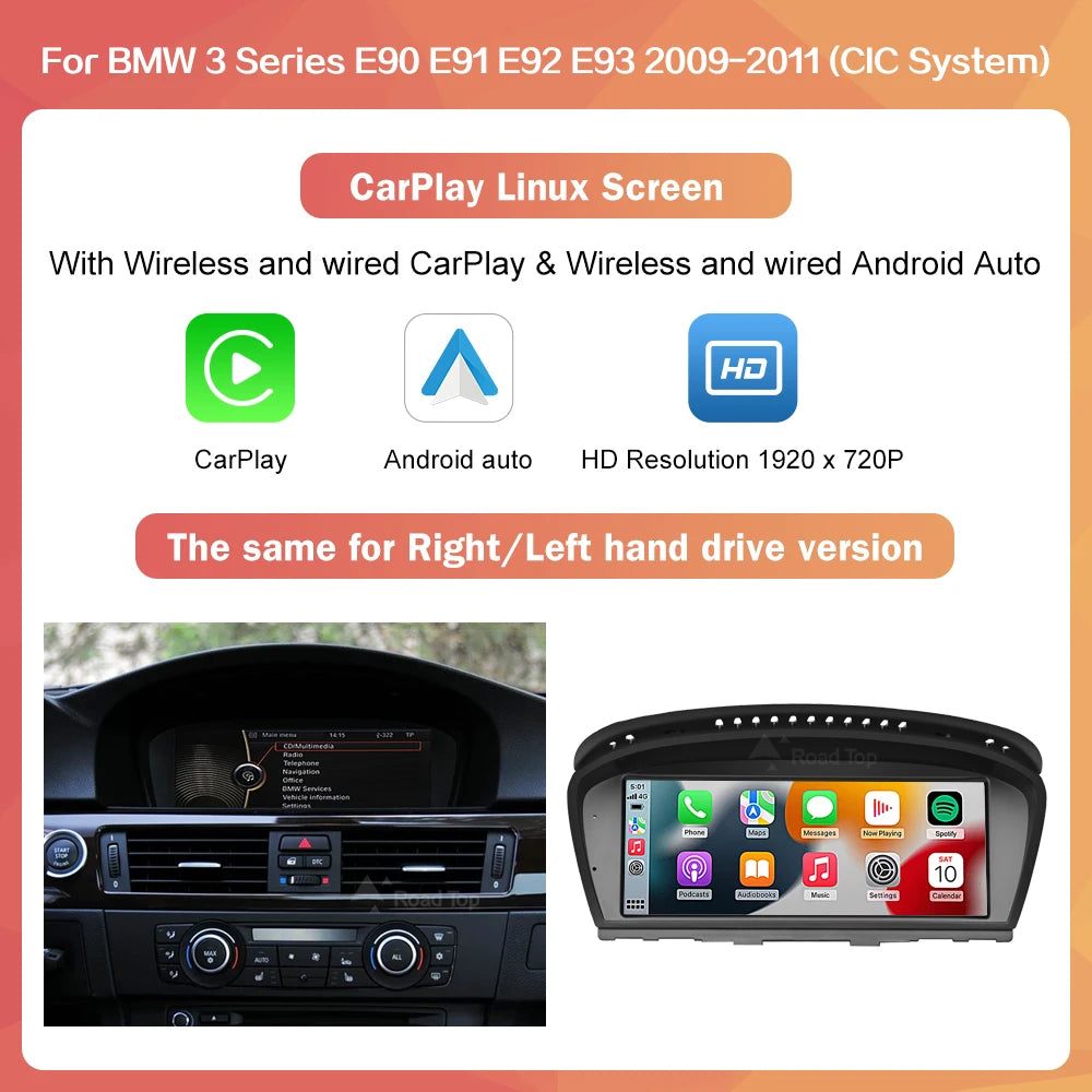 8.8"1920*720 Wireless CarPlay Android Auto Car Multimedia Display for BMW 3 Series E90 E91 E92 E93 5 Series E60 E61 Touch Screen