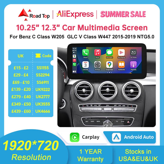 Multimedia Screen Wireless CarPlay Android Auto for Mercedes-Benz W205 W176 GLC A C V Class W447 CLA GLA 2015-2018 NTG5.0